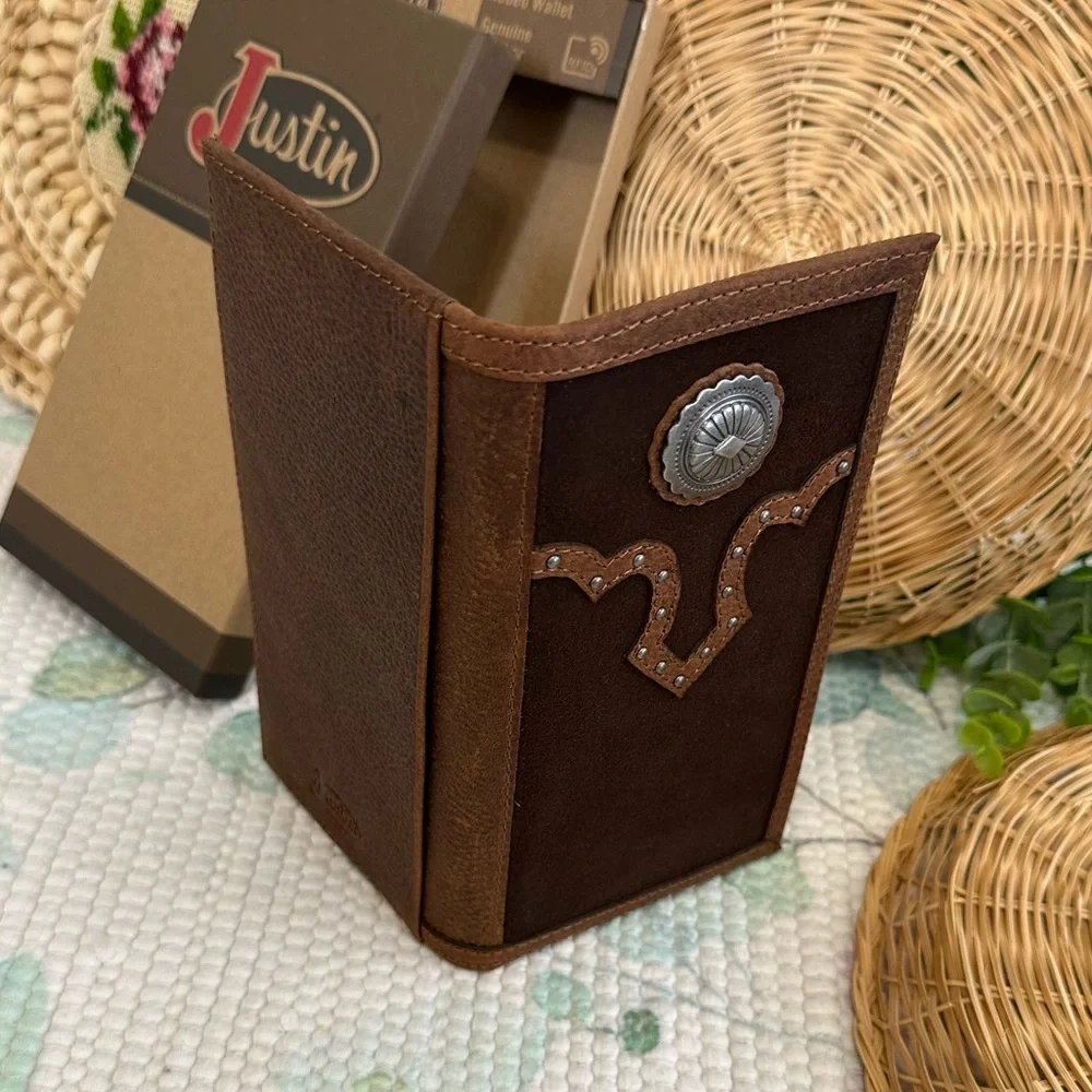 New Justin Men's Rodeo Wallet Brown Suede Genuine Leather RFID Checkbook Western